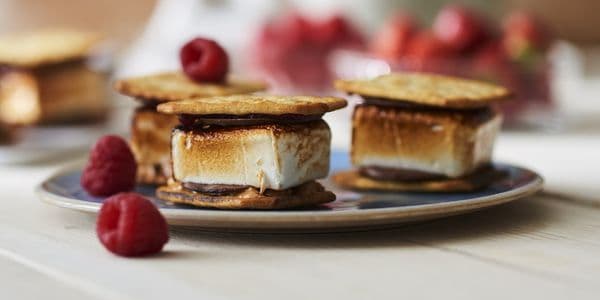 En tallrik med s'mores med rostade marshmallows och choklad mellan grahamskex, garnerade med hallon.
